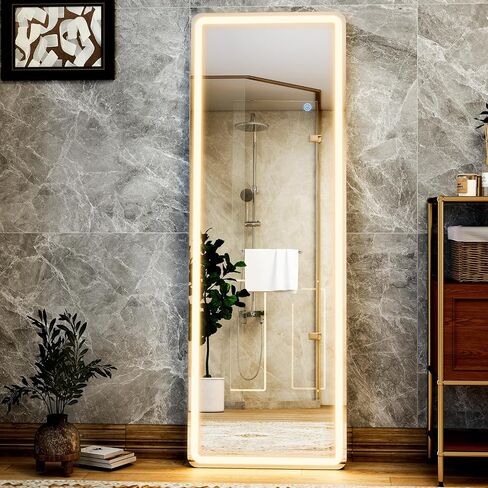 GLSLAND LED Full Length Mirror - 56" x 20" Floor Standing Mirror with Light for Bedroom/Cloakroom -Dimmable & 3 Color Lighting/Wall Mounted Full Body Mirrors in Saudi Arabia