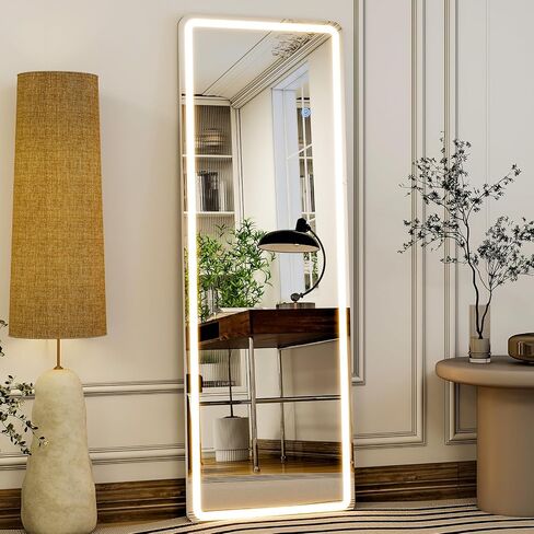 GLSLAND LED Full Length Mirror - 56" x 20" Floor Standing Mirror with Light for Bedroom/Cloakroom -Dimmable & 3 Color Lighting/Wall Mounted Full Body Mirrors in Saudi Arabia
