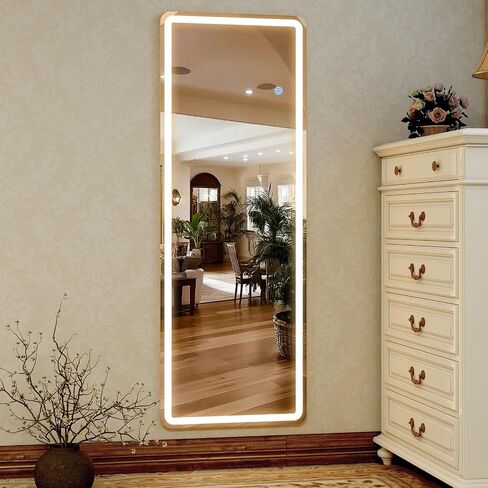 GLSLAND LED Full Length Mirror - 56" x 20" Floor Standing Mirror with Light for Bedroom/Cloakroom -Dimmable & 3 Color Lighting/Wall Mounted Full Body Mirrors in Saudi Arabia