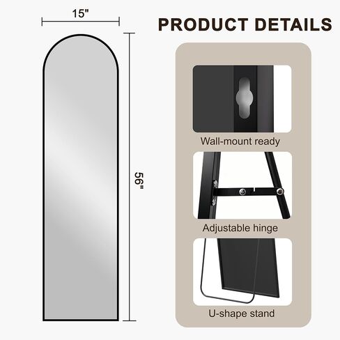 FICTOR Arched Full Length Mirror 15" x 56", Full Body Floor Mirror with Adjustable Stand, Free Standing Mirror with Aluminum Frame for Bedroom, Living Room, Cloakroom, Black in Kuwait