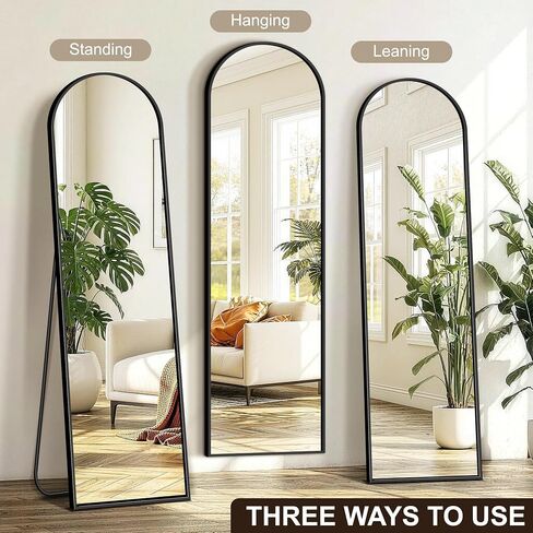 FICTOR Arched Full Length Mirror 15" x 56", Full Body Floor Mirror with Adjustable Stand, Free Standing Mirror with Aluminum Frame for Bedroom, Living Room, Cloakroom, Black in Kuwait