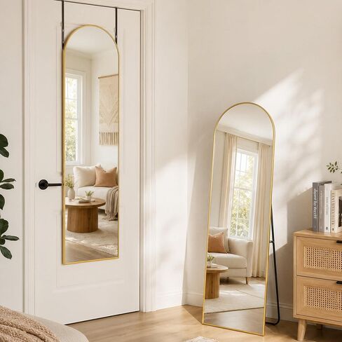 BEAUTYPEAK 15"x 56" Over The Door Mirror, Arched Full Length Mirror with Floor Stand and Aluminum Frame, Adjustable Hooks, Wall Mounted or Standing for Bedroom, Living Room, Bathroom, Dorm, Gold in Saudi Arabia