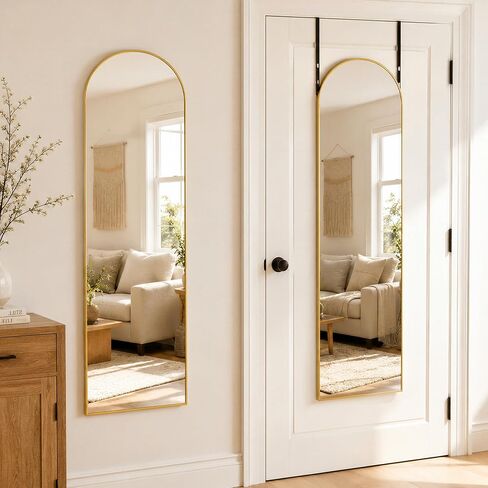BEAUTYPEAK 15"x 56" Over The Door Mirror, Arched Full Length Mirror with Floor Stand and Aluminum Frame, Adjustable Hooks, Wall Mounted or Standing for Bedroom, Living Room, Bathroom, Dorm, Gold in Saudi Arabia