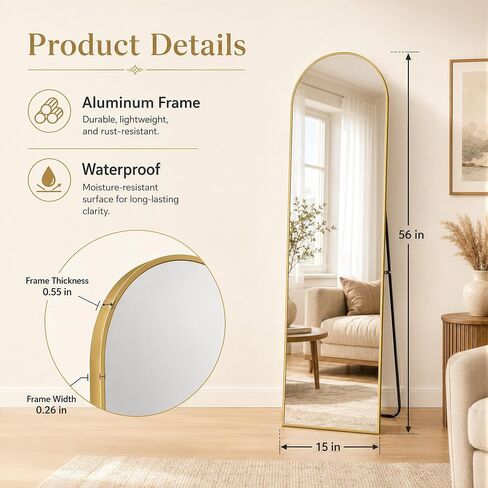 BEAUTYPEAK 15"x 56" Over The Door Mirror, Arched Full Length Mirror with Floor Stand and Aluminum Frame, Adjustable Hooks, Wall Mounted or Standing for Bedroom, Living Room, Bathroom, Dorm, Gold in Saudi Arabia