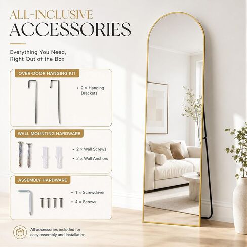 BEAUTYPEAK 15"x 56" Over The Door Mirror, Arched Full Length Mirror with Floor Stand and Aluminum Frame, Adjustable Hooks, Wall Mounted or Standing for Bedroom, Living Room, Bathroom, Dorm, Gold in Saudi Arabia