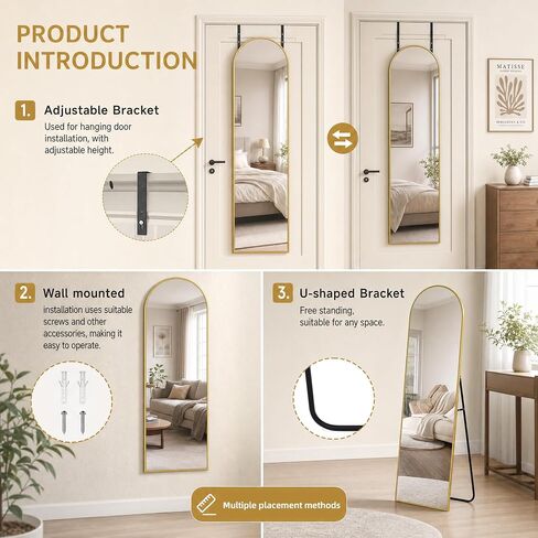 BEAUTYPEAK 15"x 56" Over The Door Mirror, Arched Full Length Mirror with Floor Stand and Aluminum Frame, Adjustable Hooks, Wall Mounted or Standing for Bedroom, Living Room, Bathroom, Dorm, Gold in Saudi Arabia