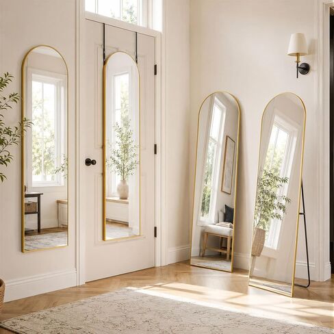 BEAUTYPEAK 15"x 56" Over The Door Mirror, Arched Full Length Mirror with Floor Stand and Aluminum Frame, Adjustable Hooks, Wall Mounted or Standing for Bedroom, Living Room, Bathroom, Dorm, Gold in Saudi Arabia