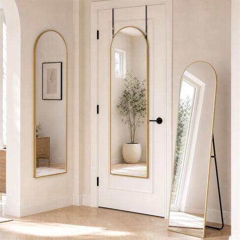BEAUTYPEAK 15"x 56" Over The Door Mirror, Arched Full Length Mirror with Floor Stand and Aluminum Frame, Adjustable Hooks, Wall Mounted or Standing for Bedroom, Living Room, Bathroom, Dorm, Gold in Saudi Arabia