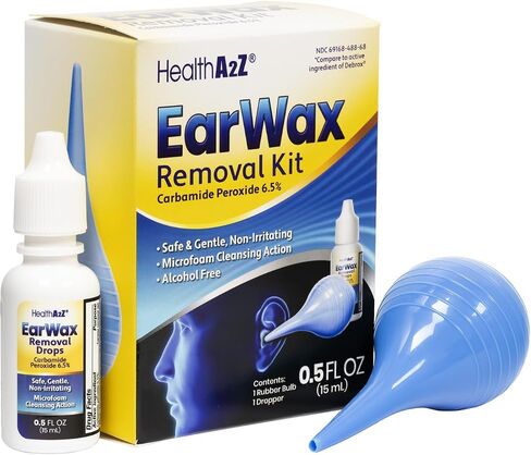 HealthA2Z® Ear Wax Removal Kit, Carbamide Peroxide 6.5%, Microfoam Cleansing Action, Alcohol Free, Includes Rubber Bulb & Dropper, 0.5 fl oz (15mL) in Kuwait