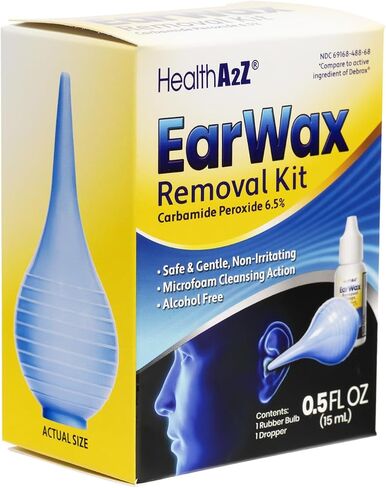 HealthA2Z® Ear Wax Removal Kit, Carbamide Peroxide 6.5%, Microfoam Cleansing Action, Alcohol Free, Includes Rubber Bulb & Dropper, 0.5 fl oz (15mL) in Kuwait