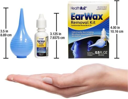 HealthA2Z® Ear Wax Removal Kit, Carbamide Peroxide 6.5%, Microfoam Cleansing Action, Alcohol Free, Includes Rubber Bulb & Dropper, 0.5 fl oz (15mL) in Kuwait