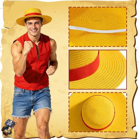 Straw Hat,Yellow Costume Cosplay Hats,Summer Beach Cap with String for Men Women Youth Halloween Pirate Party Cosplay Accessories in Kuwait