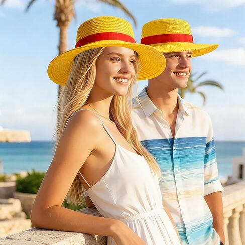 Straw Hat,Yellow Costume Cosplay Hats,Summer Beach Cap with String for Men Women Youth Halloween Pirate Party Cosplay Accessories in Kuwait
