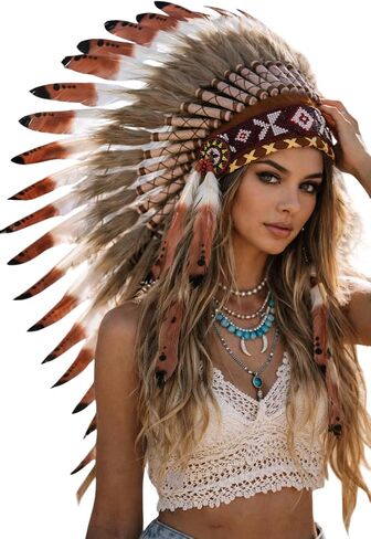 Native American Inspired Headdress - Handcrafted with Genuine Feathers and Beads in Saudi Arabia