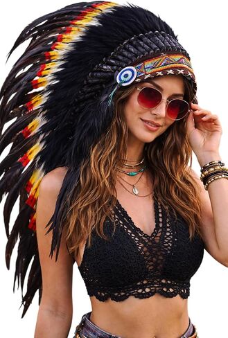 Native American Inspired Headdress - Handcrafted with Genuine Feathers and Beads in Saudi Arabia