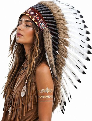 Native American Inspired Headdress - Handcrafted with Genuine Feathers and Beads in Saudi Arabia