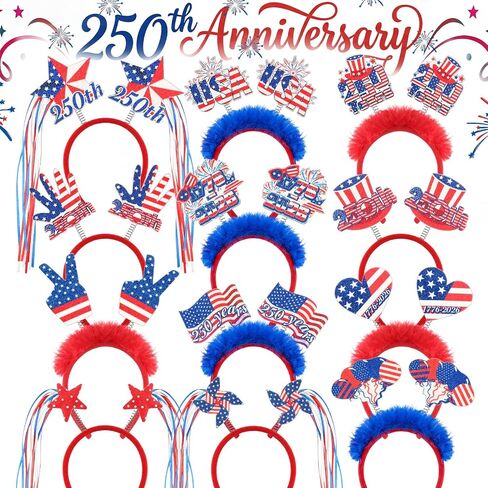 Dingion 12 Pcs Customized 250th Anniversary Party Accessories 250 4th of July Headbands Patriotic USA Accessories American Red White and Blue Headband for Fourth of July Independence Day Party Favors in Kuwait