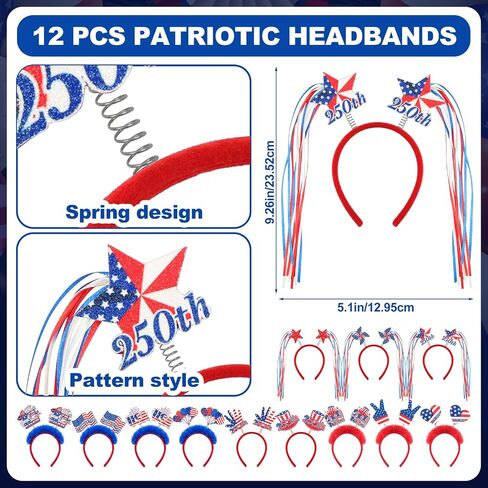 Dingion 12 Pcs Customized 250th Anniversary Party Accessories 250 4th of July Headbands Patriotic USA Accessories American Red White and Blue Headband for Fourth of July Independence Day Party Favors in Kuwait