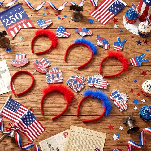 Dingion 12 Pcs Customized 250th Anniversary Party Accessories 250 4th of July Headbands Patriotic USA Accessories American Red White and Blue Headband for Fourth of July Independence Day Party Favors in Kuwait