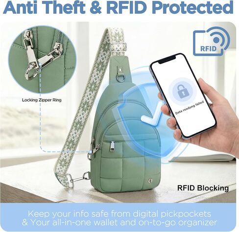 Anti Theft Sling Bag for Men & Women, Lightweight Puffer RFID Crossbody Bag for Travel, Commuting & City Walking, Hands-Free Everyday Essentials Bag Green in Kuwait