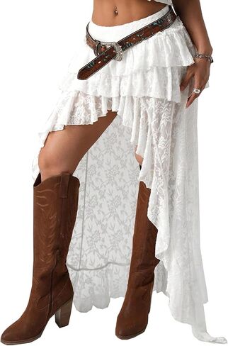 Womens Y2k Layered Lace Long Skirts Solid High Low Asymmetrical Ruffle Hem Flowy Skirts Boho Sheer Mesh Maxi Skirts in Kuwait