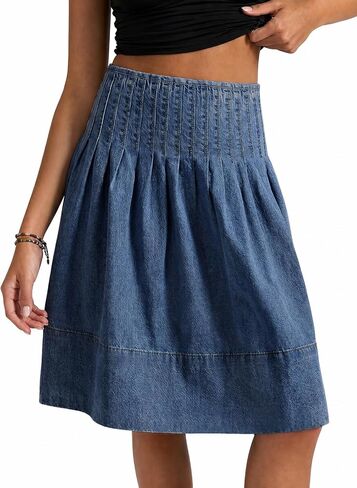 Flowyair Womens Denim Skirt Pleated High Waisted Summer A-Line Knee Length Midi Jean Skirt in Saudi Arabia