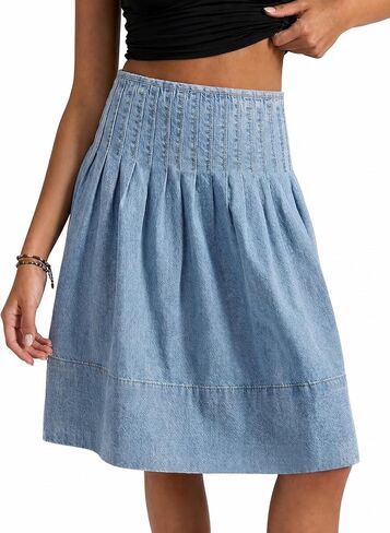 Flowyair Womens Denim Skirt Pleated High Waisted Summer A-Line Knee Length Midi Jean Skirt in Saudi Arabia