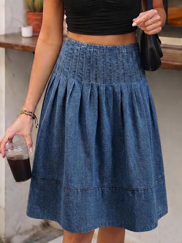 Flowyair Womens Denim Skirt Pleated High Waisted Summer A-Line Knee Length Midi Jean Skirt in Saudi Arabia