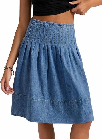 Flowyair Womens Denim Skirt Pleated High Waisted Summer A-Line Knee Length Midi Jean Skirt in Saudi Arabia