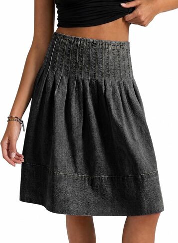Flowyair Womens Denim Skirt Pleated High Waisted Summer A-Line Knee Length Midi Jean Skirt in Saudi Arabia