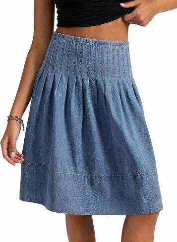 Flowyair Womens Denim Skirt Pleated High Waisted Summer A-Line Knee Length Midi Jean Skirt in Saudi Arabia