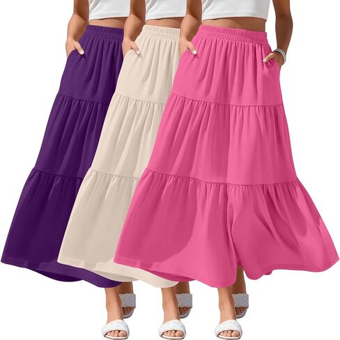 3 Pack Women's Maxi Tiered Skirts with Pockets Long Casual Flowy Swing Elastic Waist Ruffle Summer A Line Skirts in Saudi Arabia