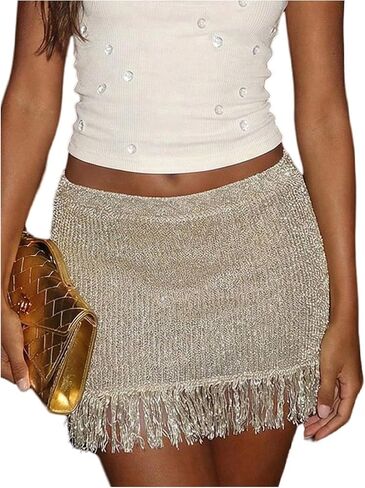 MakeMeChic Women's Summer Crochet Fringe Mini Skirt Summer Beach Vacation Low Waist Knit Skirts in Kuwait