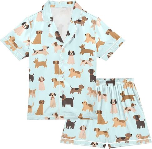Unisex Summer 2 Piece Pajamas Satin Silk Button Down Sleepwear Lounge Set Animals Pjs in Saudi Arabia