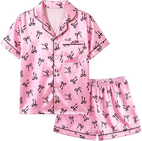 Basumee Girls Satin Pajamas Set 2 PCS Button Down Sleepwear Short Contrast Piping PJs Loungewear for Girls Teens 8-15 Years in Saudi Arabia