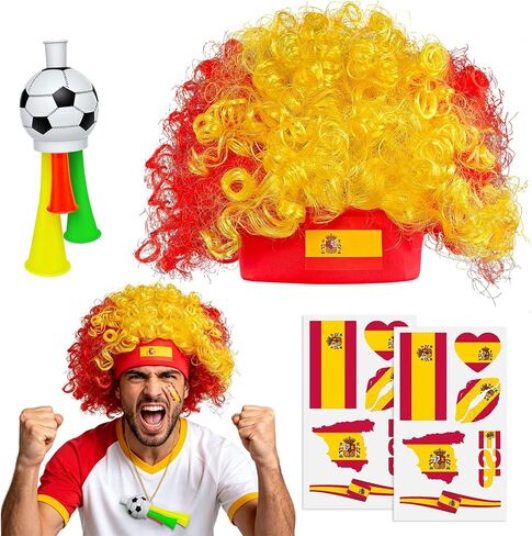 2026 Soccer Fan Gear Set – Portugal Flag Clown Wig, Temporary Tattoos & Loud Horn – Cheer Accessories for International Football Matches, Stadium Parties & Global Tournament Celebrations in Kuwait