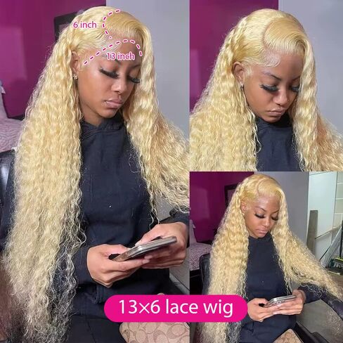 613 Lace Front Wig Human Hair 32 Inch, 13x6 HD Transparent Lace Deep Wave Wig, 180% Density Glueless Blonde Lace Frontal Wig Pre Plucked with Baby Hair, Natural Hairline Long Curly Human Hair Wig in Kuwait