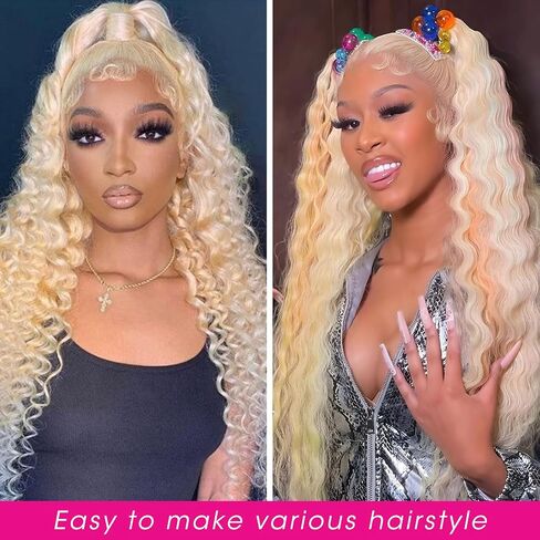 613 Lace Front Wig Human Hair 32 Inch, 13x6 HD Transparent Lace Deep Wave Wig, 180% Density Glueless Blonde Lace Frontal Wig Pre Plucked with Baby Hair, Natural Hairline Long Curly Human Hair Wig in Kuwait