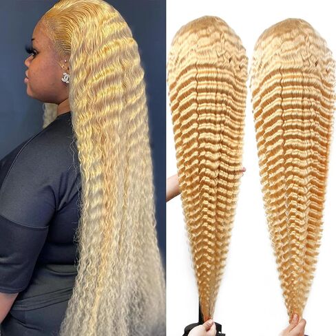 613 Lace Front Wig Human Hair 32 Inch, 13x6 HD Transparent Lace Deep Wave Wig, 180% Density Glueless Blonde Lace Frontal Wig Pre Plucked with Baby Hair, Natural Hairline Long Curly Human Hair Wig in Kuwait