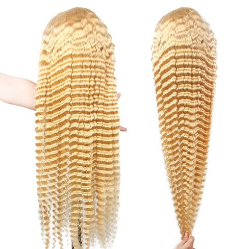 613 Lace Front Wig Human Hair 32 Inch, 13x6 HD Transparent Lace Deep Wave Wig, 180% Density Glueless Blonde Lace Frontal Wig Pre Plucked with Baby Hair, Natural Hairline Long Curly Human Hair Wig in Kuwait