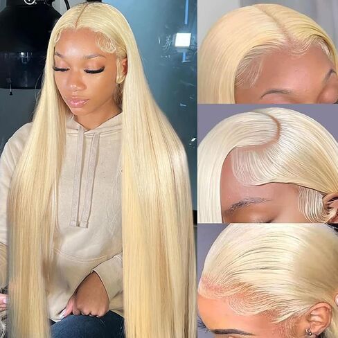 613 Lace Front Wig Human Hair 32 Inch, 13x6 HD Transparent Lace Deep Wave Wig, 180% Density Glueless Blonde Lace Frontal Wig Pre Plucked with Baby Hair, Natural Hairline Long Curly Human Hair Wig in Kuwait
