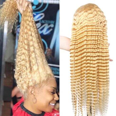 613 Lace Front Wig Human Hair 32 Inch, 13x6 HD Transparent Lace Deep Wave Wig, 180% Density Glueless Blonde Lace Frontal Wig Pre Plucked with Baby Hair, Natural Hairline Long Curly Human Hair Wig in Kuwait