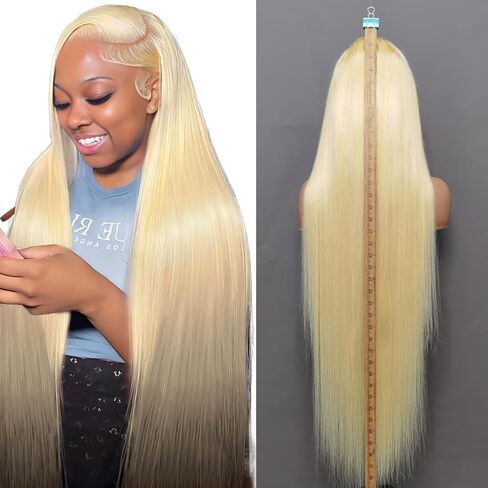 613 Lace Front Wig Human Hair 32 Inch, 13x6 HD Transparent Lace Deep Wave Wig, 180% Density Glueless Blonde Lace Frontal Wig Pre Plucked with Baby Hair, Natural Hairline Long Curly Human Hair Wig in Kuwait