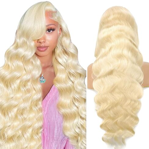 613 Lace Front Wig Human Hair 32 Inch, 13x6 HD Transparent Lace Deep Wave Wig, 180% Density Glueless Blonde Lace Frontal Wig Pre Plucked with Baby Hair, Natural Hairline Long Curly Human Hair Wig in Kuwait