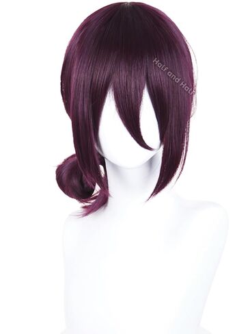 Half and Half Reze Cosplay Wig Dark Purple Anime Cosplay Short Wigs with Bangs & Bun Deep Grape Purple Female Wig for Halloween Party Women Costumes in Saudi Arabia