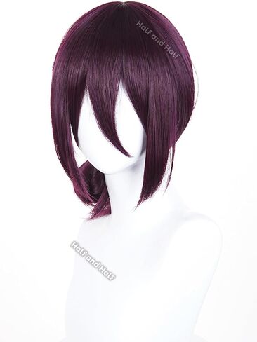 Half and Half Reze Cosplay Wig Dark Purple Anime Cosplay Short Wigs with Bangs & Bun Deep Grape Purple Female Wig for Halloween Party Women Costumes in Saudi Arabia