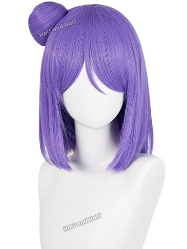 Half and Half Reze Cosplay Wig Dark Purple Anime Cosplay Short Wigs with Bangs & Bun Deep Grape Purple Female Wig for Halloween Party Women Costumes in Saudi Arabia
