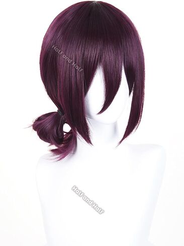 Half and Half Reze Cosplay Wig Dark Purple Anime Cosplay Short Wigs with Bangs & Bun Deep Grape Purple Female Wig for Halloween Party Women Costumes in Saudi Arabia
