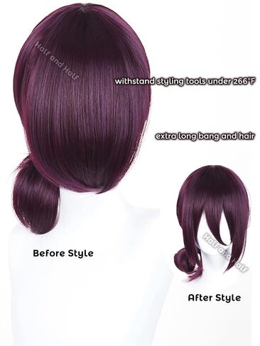 Half and Half Reze Cosplay Wig Dark Purple Anime Cosplay Short Wigs with Bangs & Bun Deep Grape Purple Female Wig for Halloween Party Women Costumes in Saudi Arabia