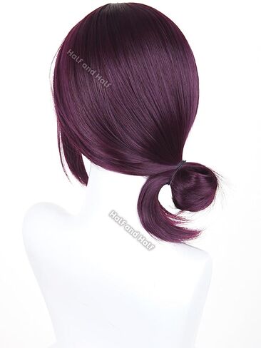 Half and Half Reze Cosplay Wig Dark Purple Anime Cosplay Short Wigs with Bangs & Bun Deep Grape Purple Female Wig for Halloween Party Women Costumes in Saudi Arabia